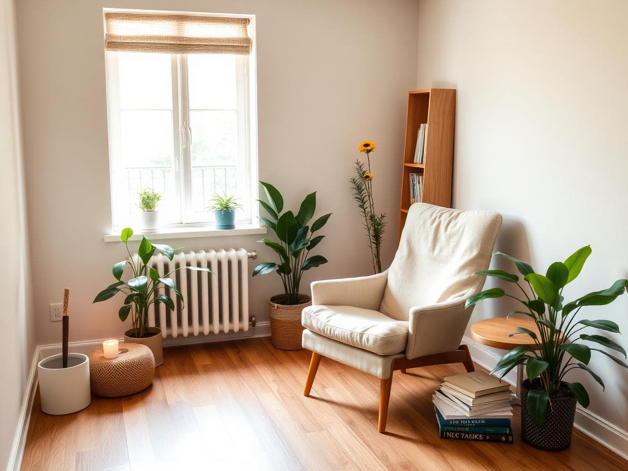 Sfeerbeeld van de praktijkruimte met natuurlijk licht en planten. [Foto vervangen na fotoshoot]